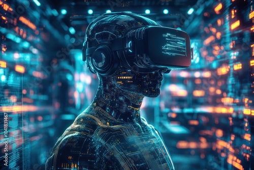 Advanced digital persona in a glowing tech world