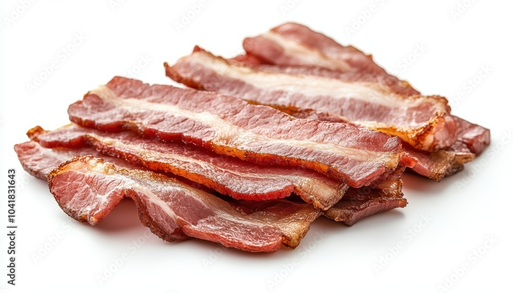 Crispy bacon strips arranged neatly on a clean white surface Crispy bacon strips arranged neatly on a clean white surface