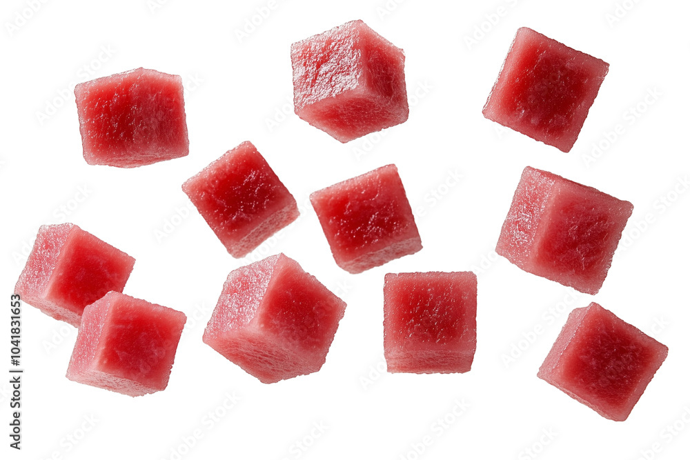 Falling watermelon cube slices isolated on a white background Falling watermelon cube slices isolated on a white background
