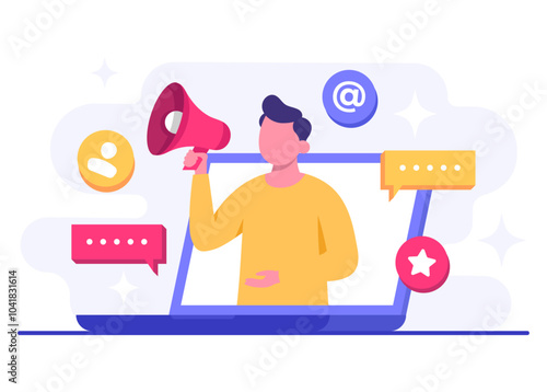 Digital marketing concept flat vector illustration, Business content strategy, Influential marketing, Social media campaign, Promotion, E-commerce, Marketing agency, Attracts new customers