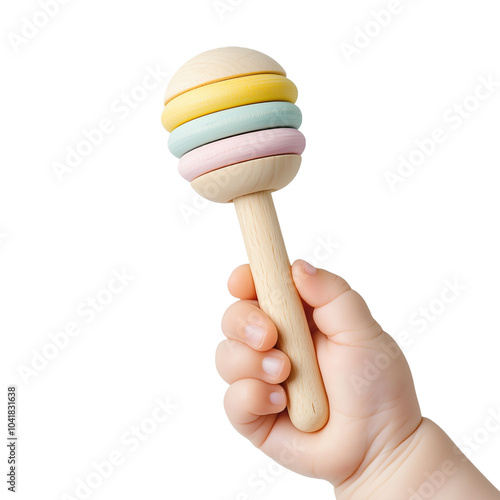  PNG Baby hand holding wooden colorful rattle on white background. Concept of baby wooden toys