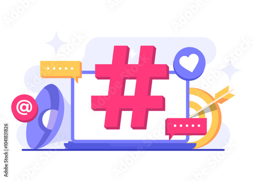 Social media marketing concept flat vector illustration for web banner, mobile app, poster, business content strategy, Hashtag marketing, Digital AD campaign, online promotion, E-commerce