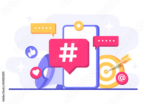 Social media marketing concept flat vector illustration for web banner, mobile app, poster, business content strategy, Hashtag marketing, Digital AD campaign, online promotion, E-commerce