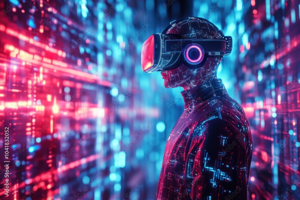 Futuristic figure with VR headset and digital streams Futuristic figure with VR headset and digital streams