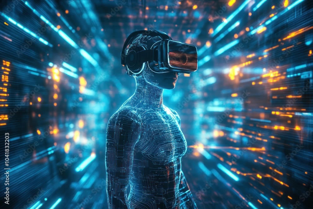 Human figure in vibrant virtual immersive world Human figure in vibrant virtual immersive world
