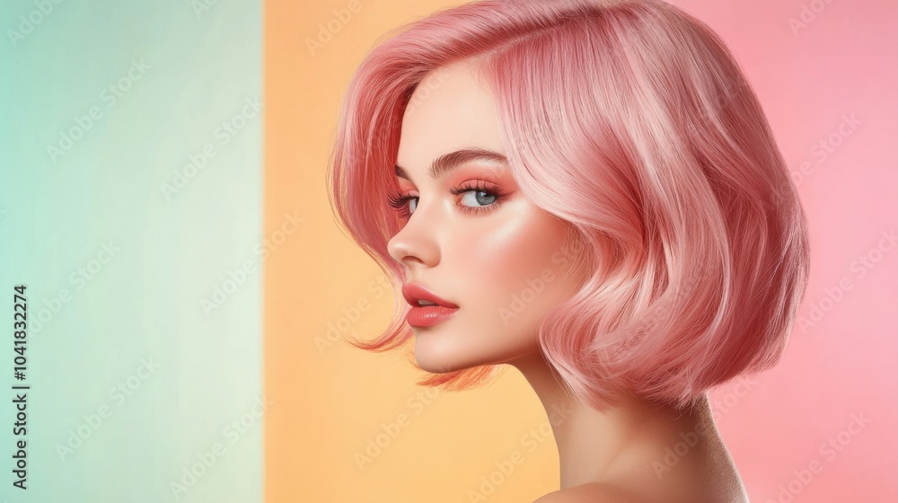Fototapeta premium Woman with pastel pink hair on colorful background