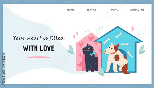 Buying or adoption homeless animals, shelter, donation and help website banner template, flat vector illustration isolated on white background.