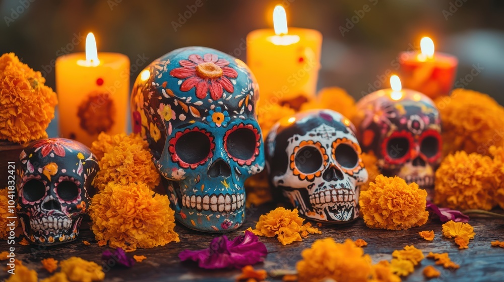 Festive arrangement of sugar skulls on a rustic altar with marigolds and candles, cultural symbolism highlighted by soft evening light, ideal for Day of the Dead celebrations. Day of the Dead Festive arrangement of sugar skulls on a rustic altar with marigolds and candles, cultural symbolism highlighted by soft evening light, ideal for Day of the Dead celebrations. Day of the Dead