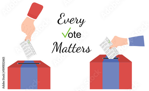 Hand is holding ballot and throwing it into the red and blue box. Every vote matters. Elections concept in USA 2024. Candidates agitation campaign. democracy, political banner. Hand drawn vector flat.