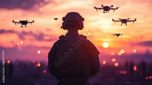Soldier silhouette with drones futuristic military use technology for scouting surveillance or tactical operations