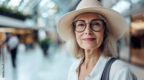 Portrait of senior woman with glasses and hat at shopping area