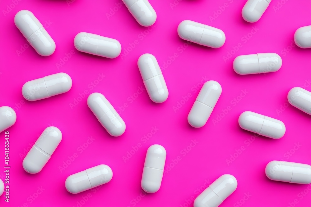 Close up of many white pills on a pink background. The pills are all the same size and shape, and they are arranged in a pattern. Concept of order and uniformity Close up of many white pills on a pink background. The pills are all the same size and shape, and they are arranged in a pattern. Concept of order and uniformity