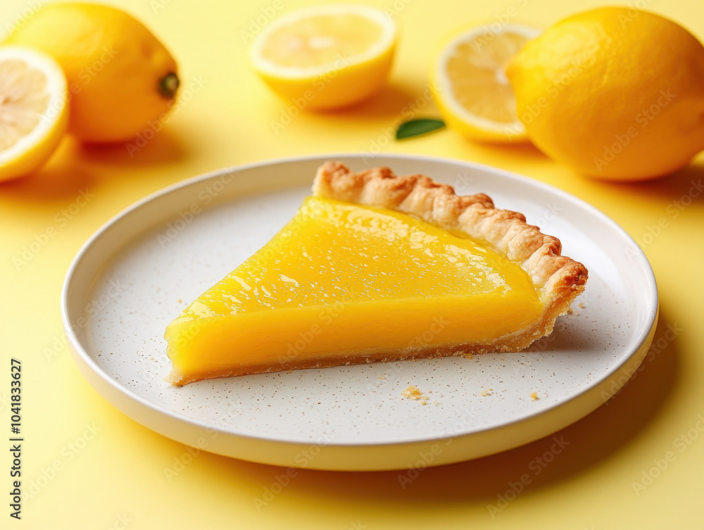 delicious slice of lemon tart sits on clean white plate, surrounded by fresh lemons. vibrant yellow color of tart contrasts beautifully with soft background, evoking sense of freshness and zest delicious slice of lemon tart sits on clean white plate, surrounded by fresh lemons. vibrant yellow color of tart contrasts beautifully with soft background, evoking sense of freshness and zest