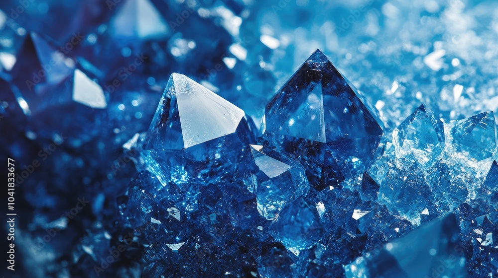 Obraz premium Brilliant crystals shine on a sapphire blue surface, capturing light in an array of dazzling, eye-catching colors.