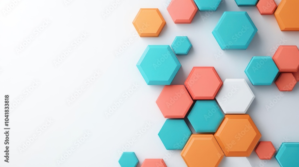 Floating hexagon elements on a white backdrop, 3D illustration Floating hexagon elements on a white backdrop, 3D illustration