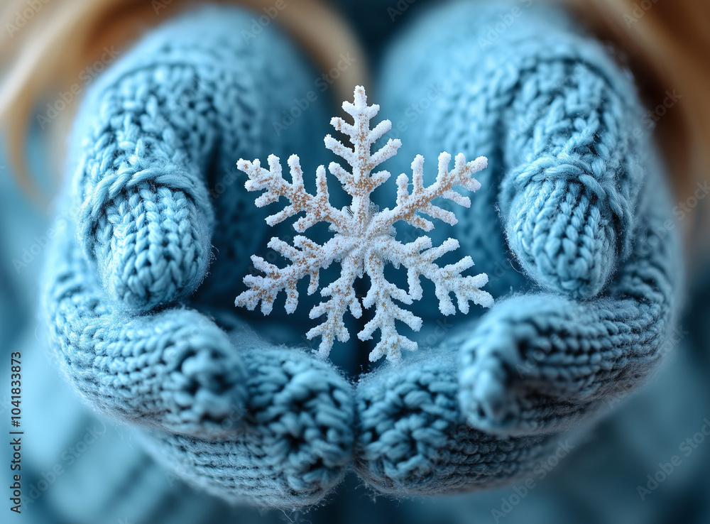 wearing blue mittens holding a snowflake