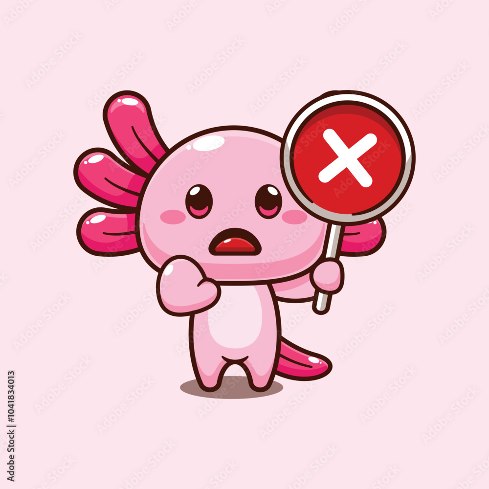 Axolotl with wrong sign. mascot cartoon character vector illustration. Axolotl with wrong sign. mascot cartoon character vector illustration.