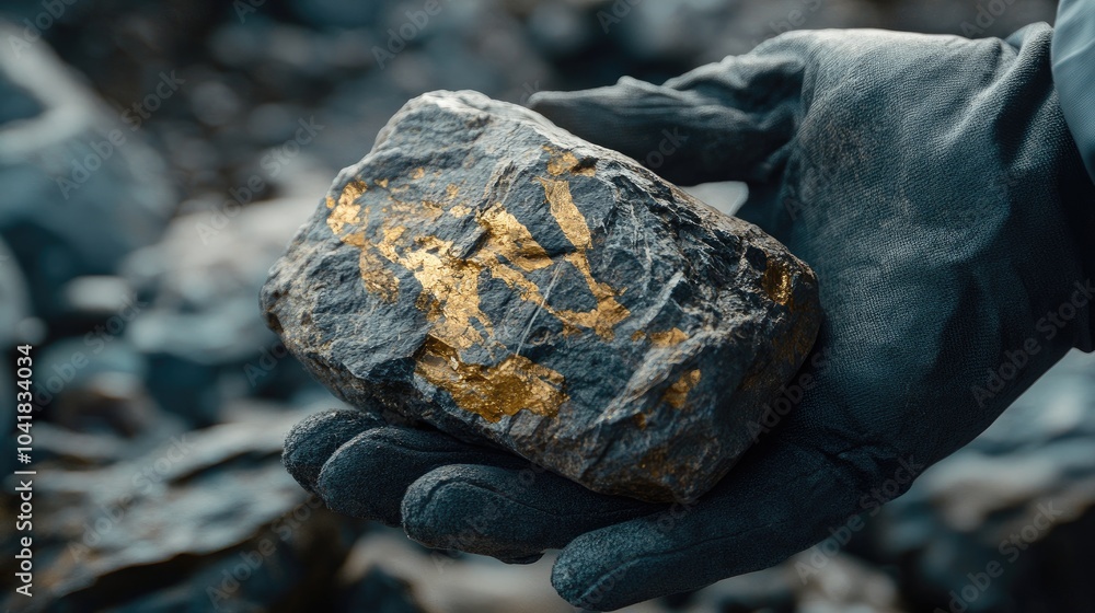 Close-up of a geologist gloved hand presenting a rock with rich gold veins, highlighting the mineral's natural beauty and value. Close-up of a geologist gloved hand presenting a rock with rich gold veins, highlighting the mineral's natural beauty and value.