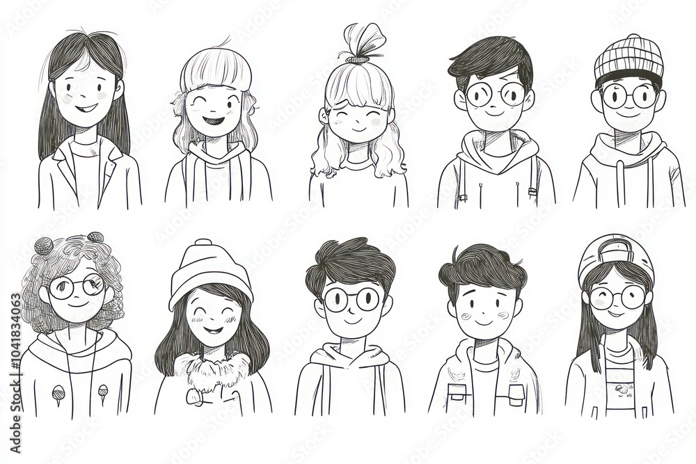 A collection of unique, casual line art characters displayed on a white background. Each character should have distinct and quirky features, such as different hairstyles A collection of unique, casual line art characters displayed on a white background. Each character should have distinct and quirky features, such as different hairstyles