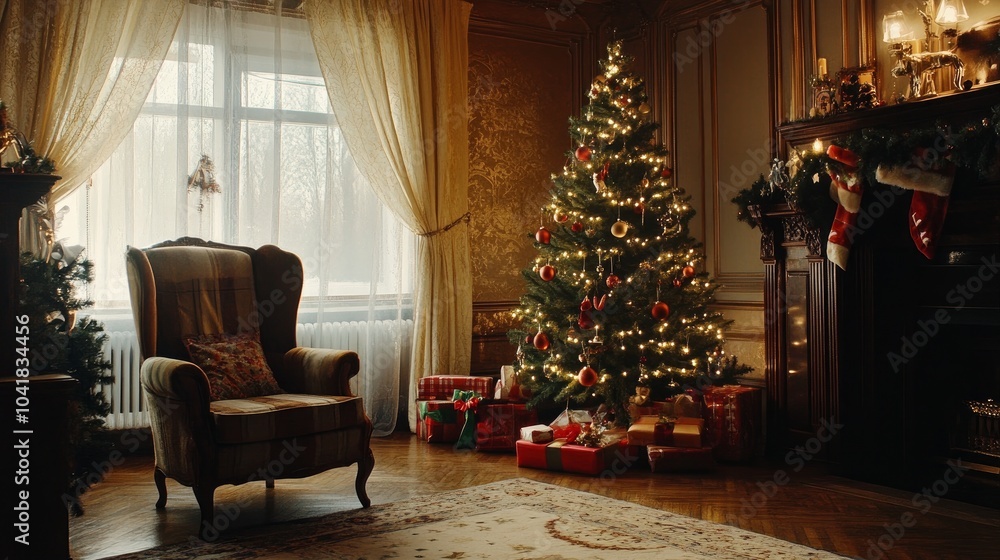 Interior with a Christmas tree for Christmas or New Year's Interior with a Christmas tree for Christmas or New Year's