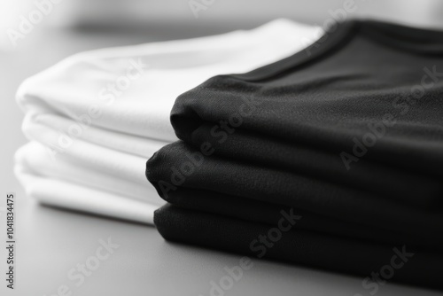 Neatly folded minimalist sportswear in black and white showcased on a smooth table, ideal for fitness enthusiasts seeking style. Generative AI photo