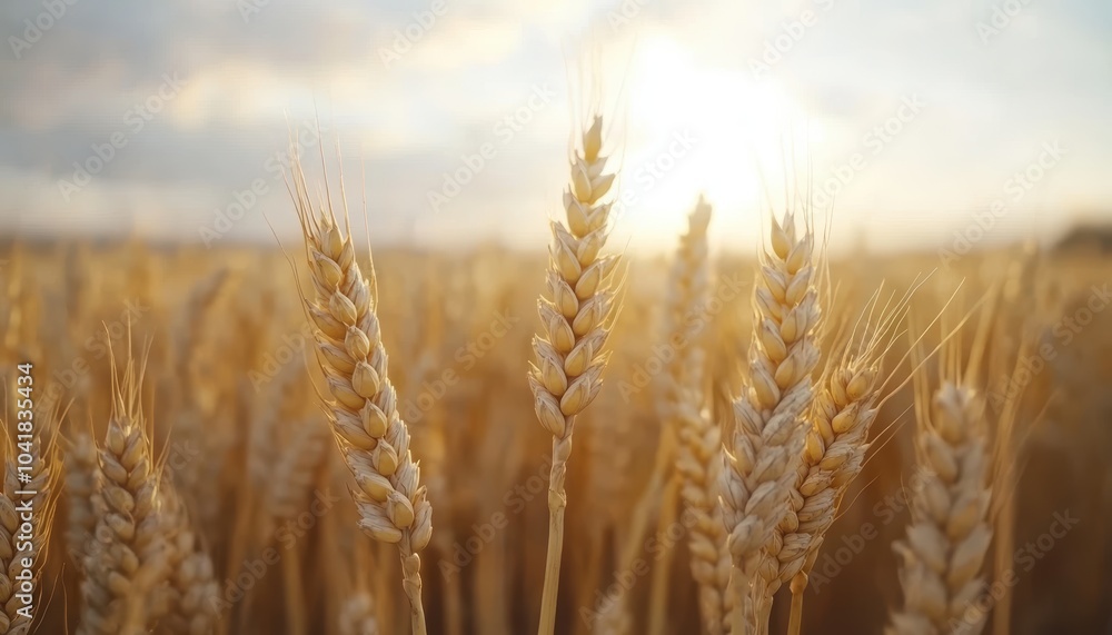 Golden wheat fields basking in sunset light on a calm evening Golden wheat fields basking in sunset light on a calm evening