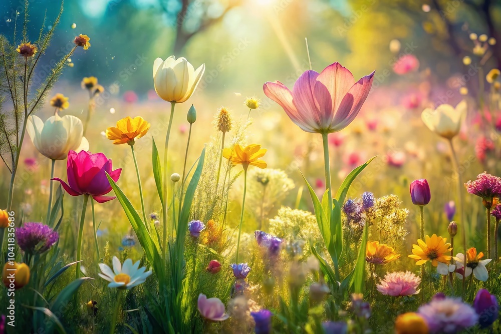 Double Exposure of Spring Nature with Lush Green Grass and Colorful Flowers for Serene Wall Art Double Exposure of Spring Nature with Lush Green Grass and Colorful Flowers for Serene Wall Art