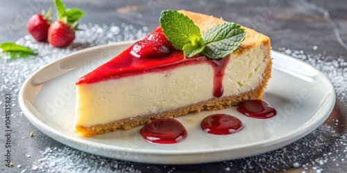 A single slice of cheesecake with a red berry sauce topping, garnished with fresh mint and a side of fresh berries, on a white plate, set against a dark background.