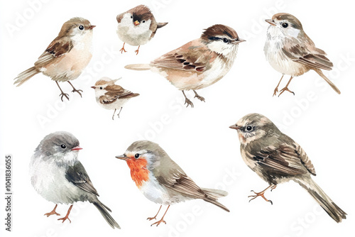 A beautiful watercolor set of small garden birds, like sparrows, finches, and robins, painted in soft, natural tones. The birds are isolated on a white background, perfect for elegant, nature-inspired photo