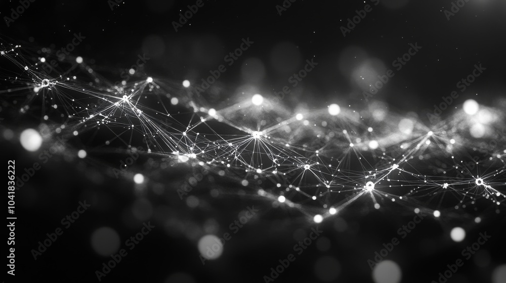 A dark backdrop showcases a network of glowing nodes connected by lines. The design evokes the intricacies of digital connections and data flow, resembling a cosmic web. A dark backdrop showcases a network of glowing nodes connected by lines. The design evokes the intricacies of digital connections and data flow, resembling a cosmic web.