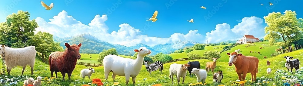 Obraz premium Lush Pasture with Grazing Farm Animals under Blue Sky