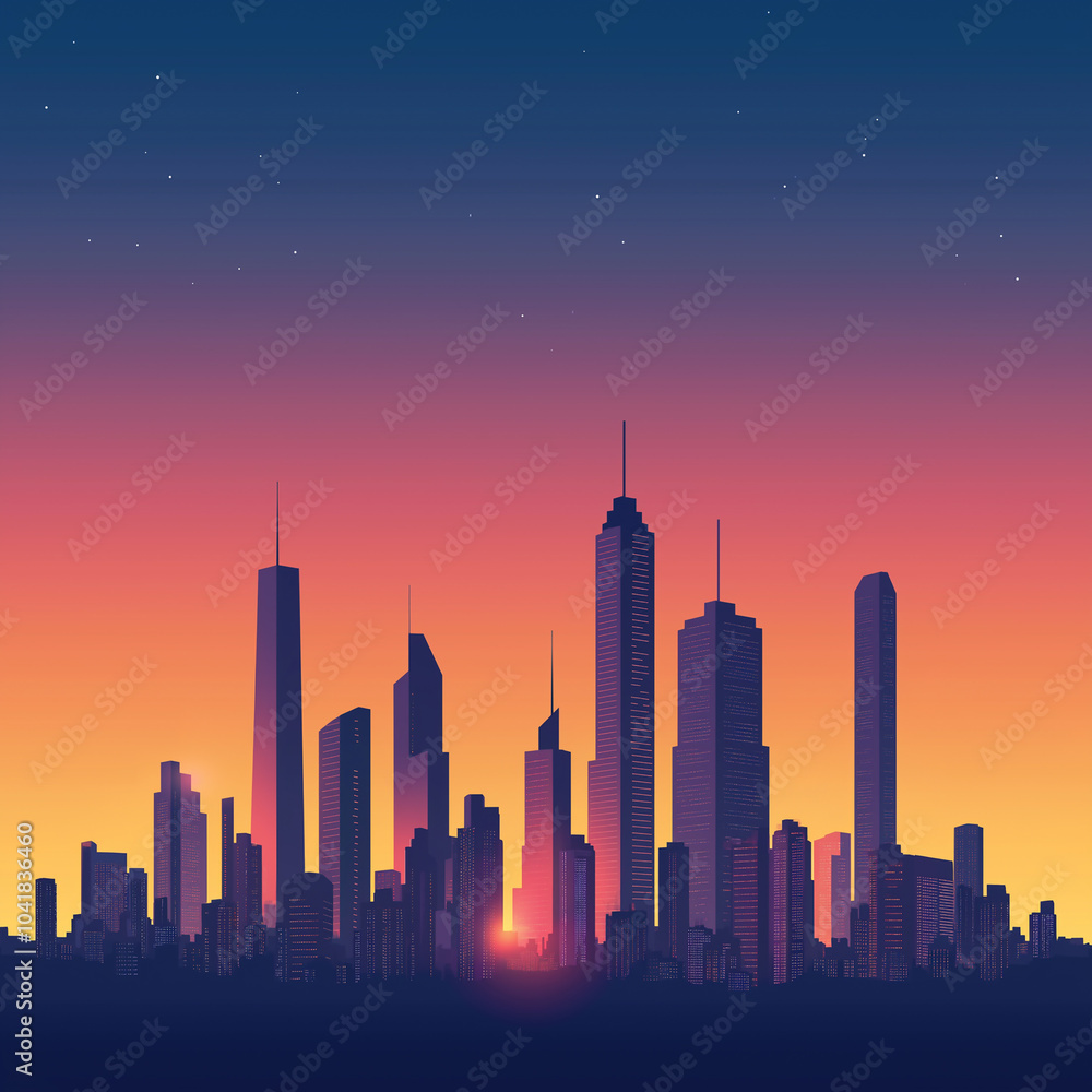 A silhouette of a bustling city skyline at sunset A silhouette of a bustling city skyline at sunset