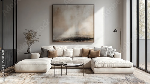 Minimalist elegant living room with a soft creamcolored sofa, glass coffee table, and abstract artwork, elegant minimalist living room, understated and stylish