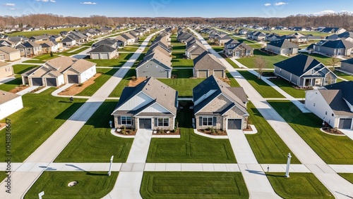 A suburban neighborhood in America, with houses in rows, lined by concrete sidewalks and green grass