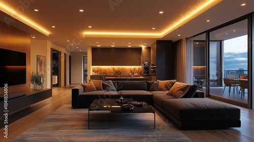 Wallpaper Mural Modern elegant living room with a dark velvet sectional sofa, polished wood flooring, and sleek lighting, elegant modern living room, rich and refined Torontodigital.ca