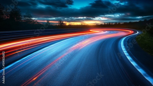 Race Track Asphalt Road Curve with Light Trails at Sunset