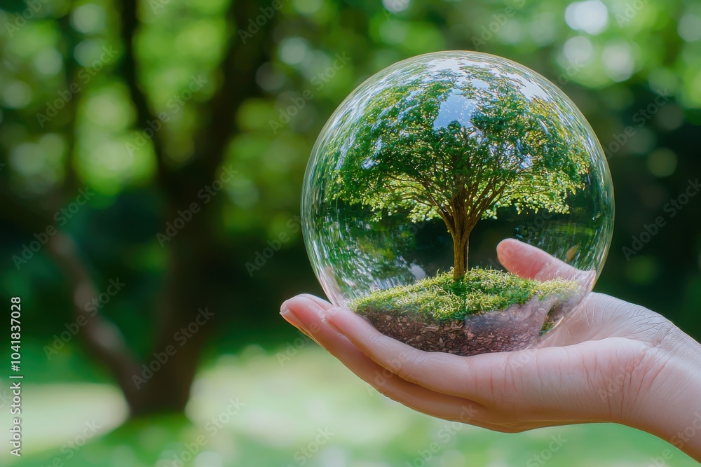 A hand holds a glass sphere containing a small tree, symbolizing environmental conservation and the beauty of nature. A hand holds a glass sphere containing a small tree, symbolizing environmental conservation and the beauty of nature.