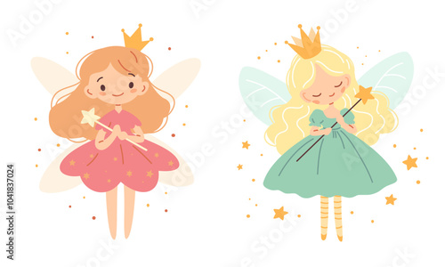 Set of flat vector illustrations in children's style. Cute fairy princesses in crowns flying with magic wands. Vector illustration