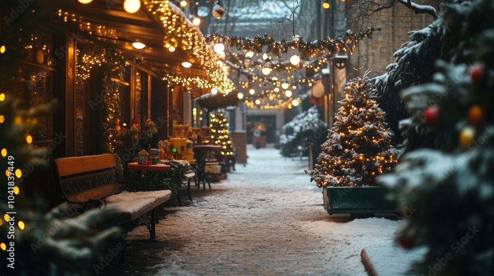 Obraz premium Snowy New Year's photo zone by a bakery cafe. Toys, Christmas trees, benches, garland, and twinkling lightbulbs are examples of Christmas décor. festive atmosphere. image for a postcard