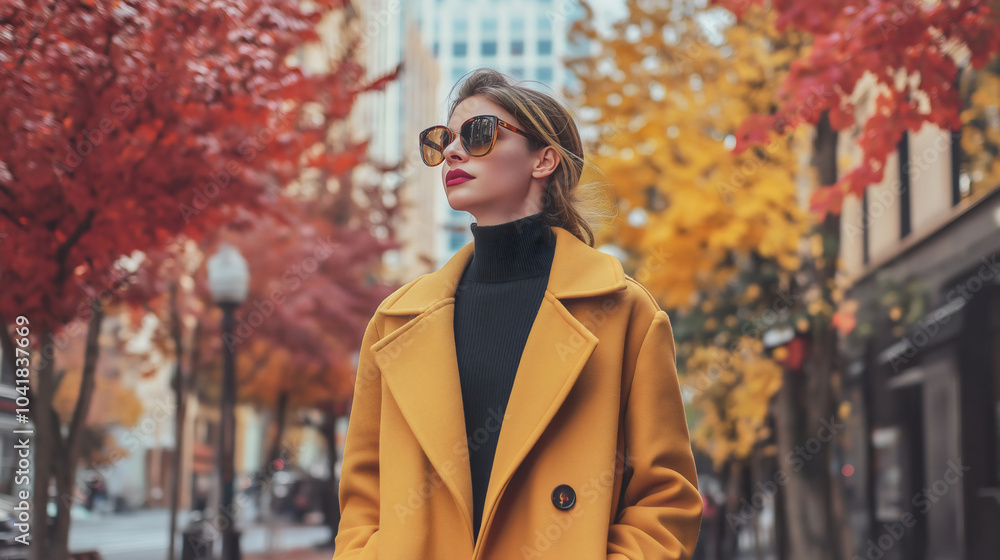 Young woman walking through the city in autumn, her fashionable coat and embracing a stylish lifestyle, this beautiful fashion female model enjoys the urban streets in a chic and elegant fall outfit Young woman walking through the city in autumn, her fashionable coat and embracing a stylish lifestyle, this beautiful fashion female model enjoys the urban streets in a chic and elegant fall outfit