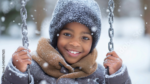 Happy African American kid boy enjoying winter on a swing, the cute child having fun at the playground, embracing outdoor play and childhood joy in a snowy park filled with laughter cheerful moments