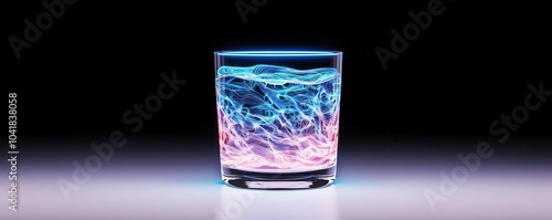 A glass of water infused with holographic data streams, glowing faintly under a neon blue light Futuristic, Cool tones, Digital Art photo