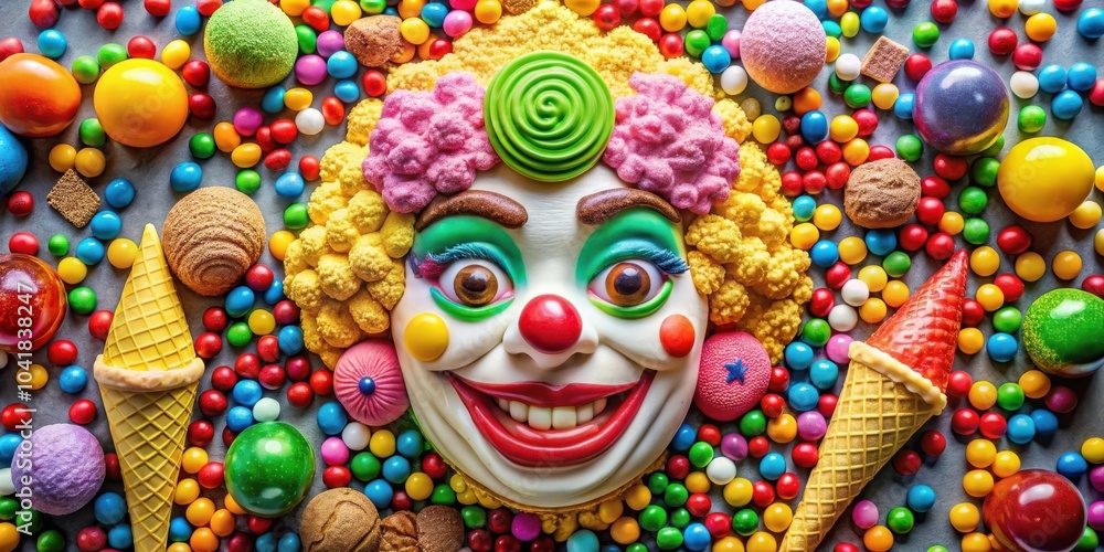Fototapeta premium A playful clown face surrounded by a colorful array of candy and treats, inviting a whimsical escape into a world of sugar-coated joy.