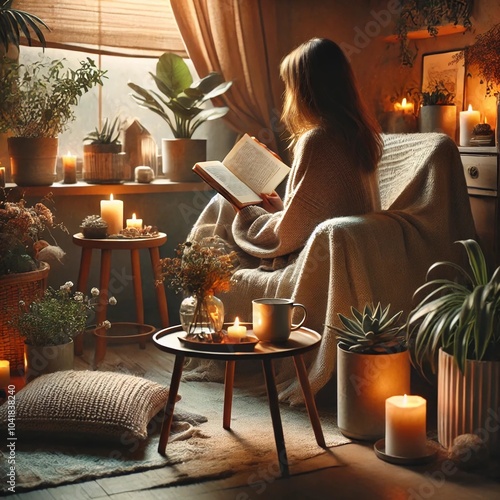 A cozy and inspiring image focused on mental health and self-care. The scene is set indoors with a person sitting in a comfortable chair, reading a book photo