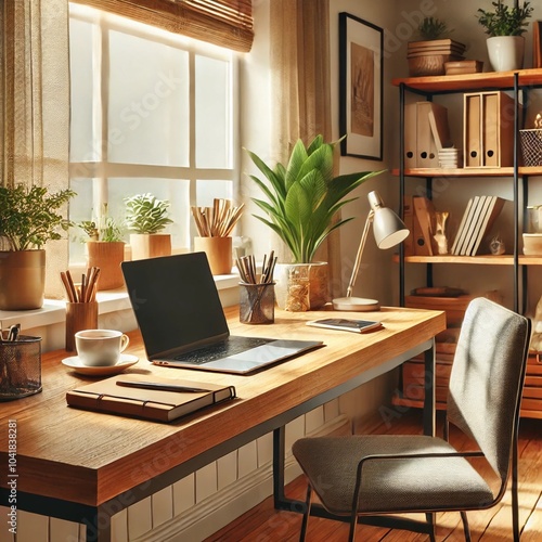 A cozy home office setup showcasing remote work. The room features a wooden desk with a modern laptop, a notebook, and a cup of coffee