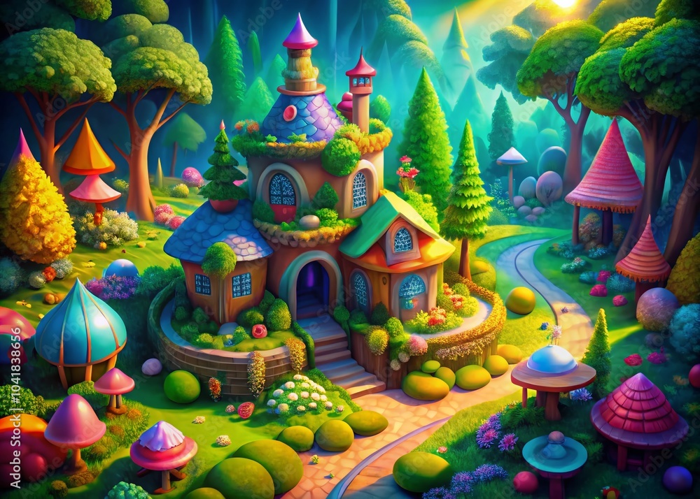 Dreamy Gnome Kingdom in a Magical Forest - Isometric Illustration for Comic Book Adventures Dreamy Gnome Kingdom in a Magical Forest - Isometric Illustration for Comic Book Adventures