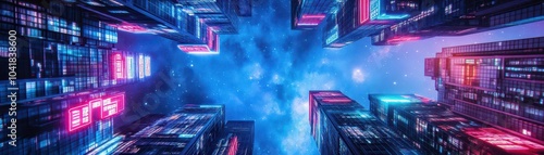 A cosmic urban landscape where neon signs illuminate the spacelike sky photo