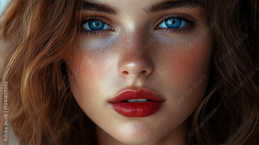 Close-up portrait of a young woman with striking blue eyes. Close-up portrait of a young woman with striking blue eyes.