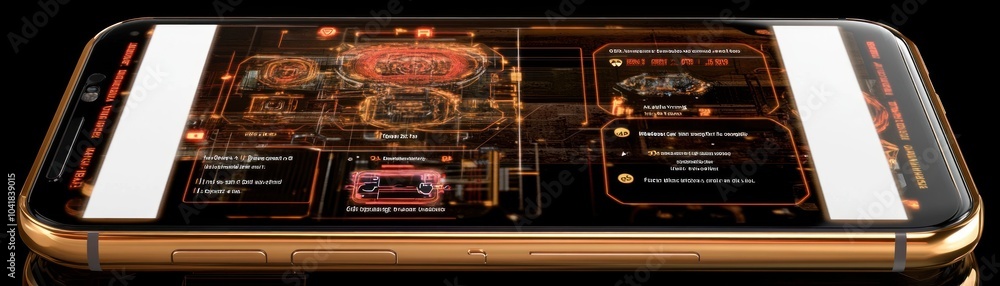Obraz premium A smartphone displaying a futuristic user interface with gaming and data analytics features.