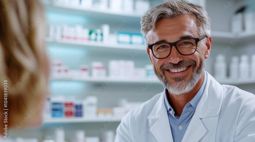 A smiling pharmacist assists a client, surrounded by shelves filled with various medications in a modern pharmacy. A smiling pharmacist assists a client, surrounded by shelves filled with various medications in a modern pharmacy.